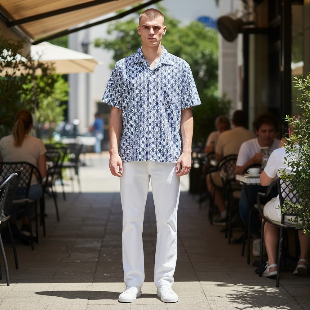 J.Crew Button Down Shirt Small Blue White Geometric Starburst Camp Collar Cotton